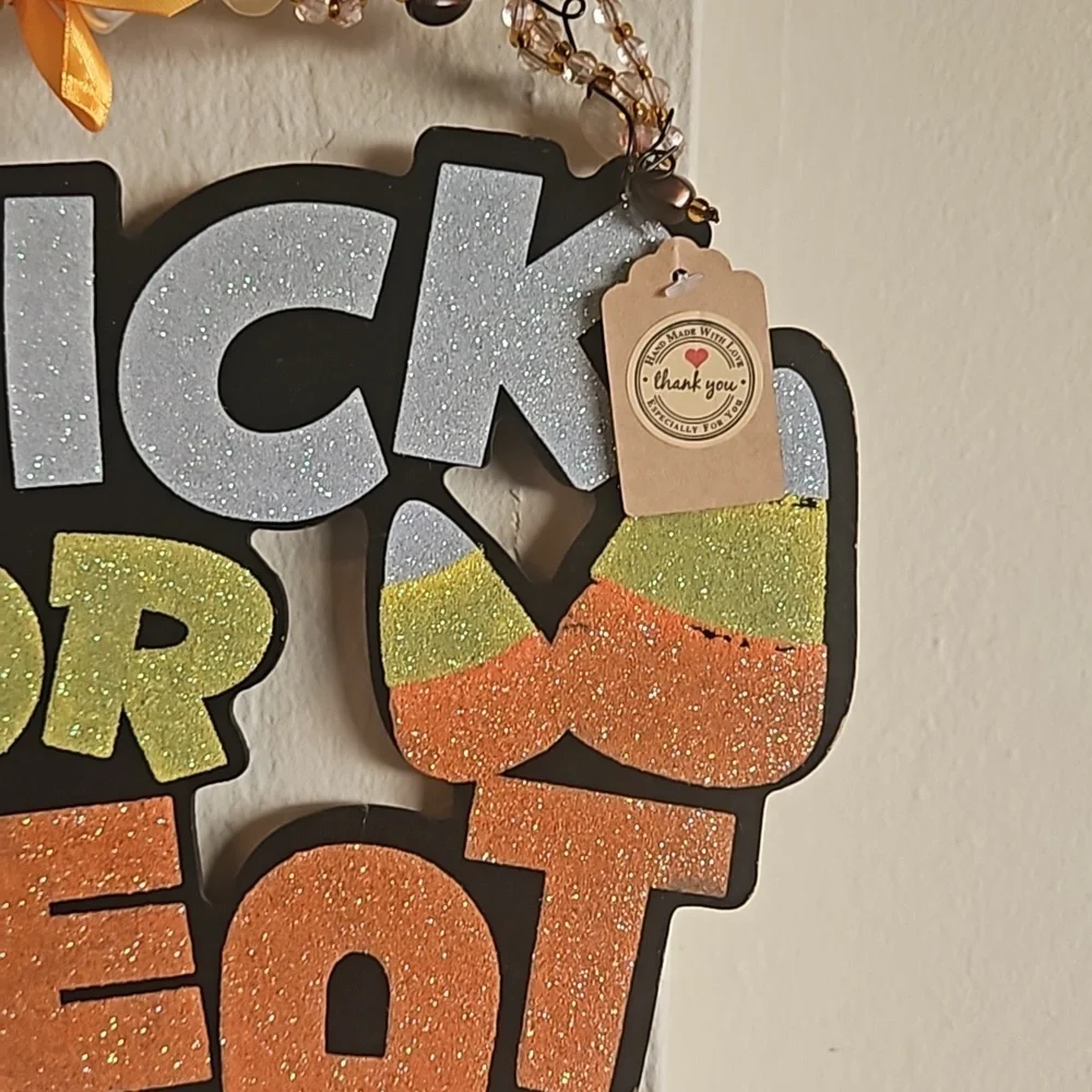 Hand Crafted trick or treat glitter Halloween sign wooden wall decor beaded